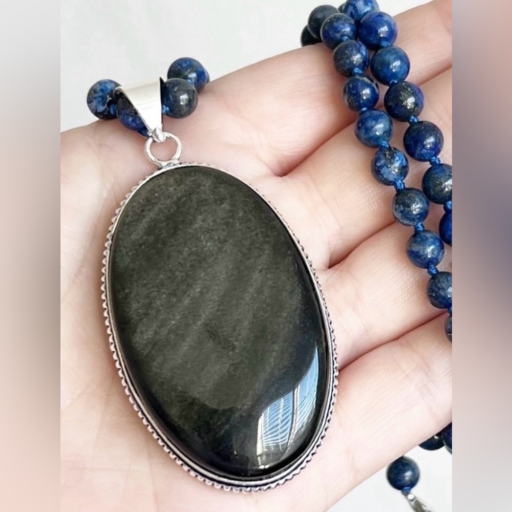 XL Gold Sheen Obsidian Big 925 Pendant Lapis Lazuli Gemstone Bead Necklace Chain - Picture 5 of 8